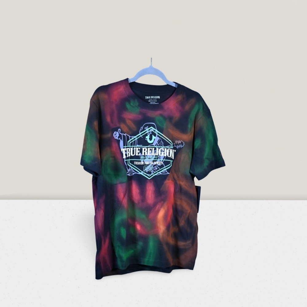 Handprinted Black True Religion Shirt – Medium, Spray-Painted Smilies